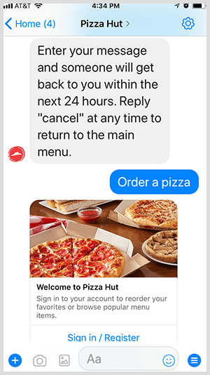 تقوم بيتزا هت بأتمتة طلب البيتزا عبر برنامج Messenger bot.