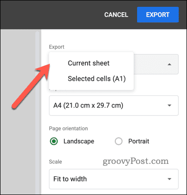 اختيار خيار التصدير لتصدير ملف PDF في جداول بيانات Google