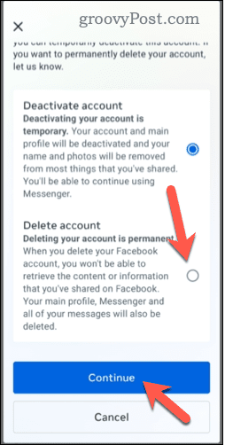 اختيار حذف حساب Facebook على الهاتف المحمول