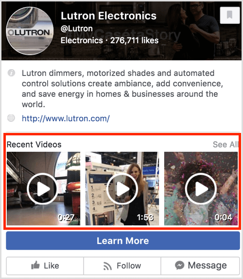 معاينة صفحة Facebook تعرض مقاطع الفيديو الحديثة.