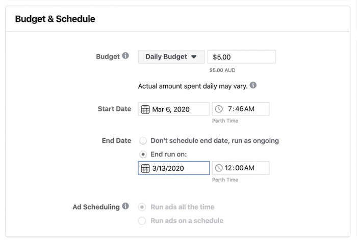 قسم الميزانية والجدول في Ad Set level في Facebook Ads Manager