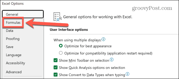 إعدادات صيغ Excel