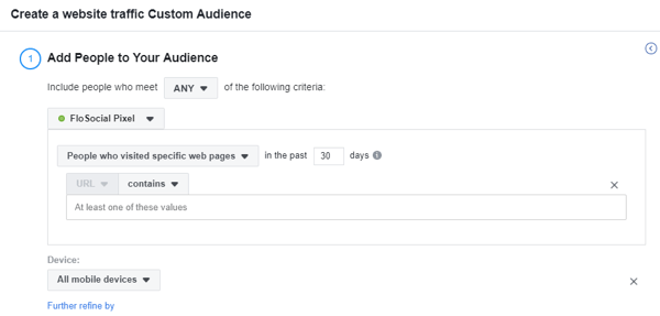 استخدم أداة إعداد حدث Facebook ، الخطوة 17 ، الإعدادات لإنشاء جمهور Facebook مخصص لحركة مرور موقع الويب بناءً على الجهاز