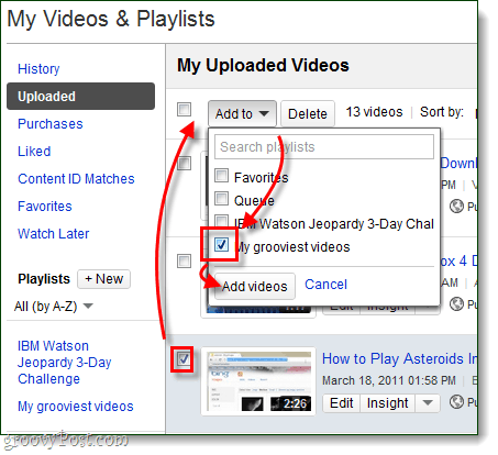 أضف مقاطع الفيديو المحملة إلى قائمة التشغيل الخاصة بك