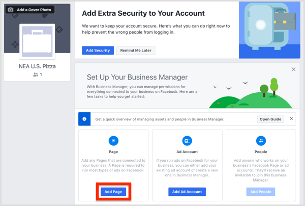 انقر فوق إضافة صفحة لإضافة صفحة Facebook الخاصة بك إلى Business Manager.