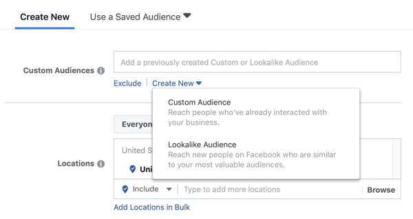 خيارات لاستخدام جمهور مخصص أو جمهور مشابه لحملة إعلانية على Facebook.
