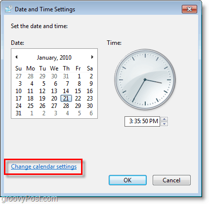 لقطة شاشة لنظام التشغيل Windows 7 - قم بتغيير إعدادات التقويم