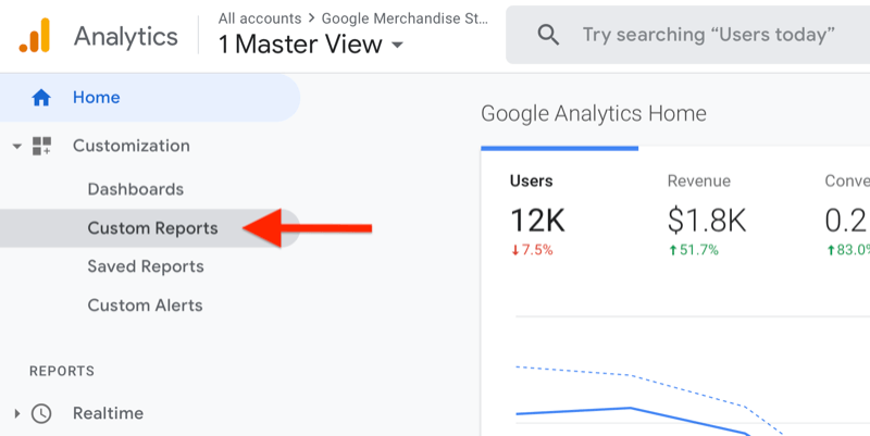 تم توسيع قائمة تخصيص لوحة تحكم google analytics مع تمييز خيار التقارير المخصصة