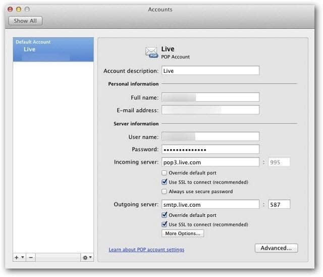 Microsoft Outlook Mac 2011: إعداد بريد Windows Live باستخدام بروتوكول POP3