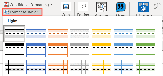 تنسيق كجدول في Excel