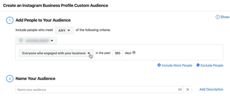 لقطة شاشة للنافذة Create an Instagram Business Profile Custom Audience مع الإعدادات الافتراضية لكل من شارك في عملك في آخر 365 يومًا