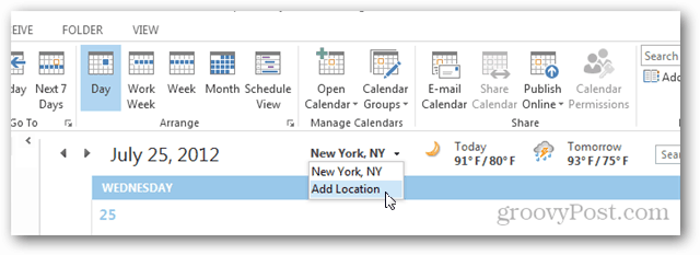 جولة الطقس في تقويم Outlook 2013 - انقر فوق إضافة موقع