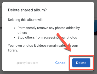 تأكيد حذف ألبوم صور Google المشترك