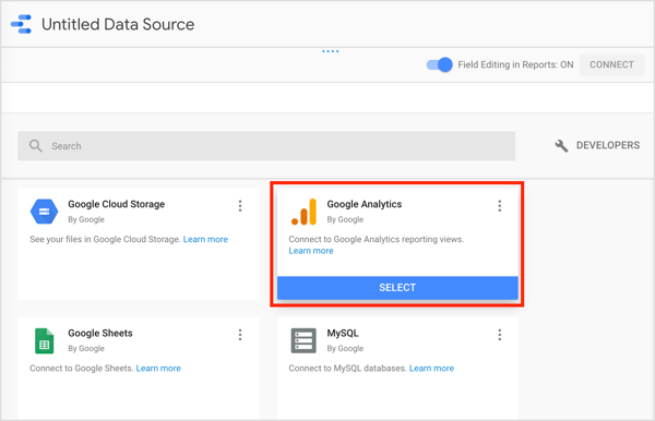 حدد موصل Google Analytics في Google Data Studio.