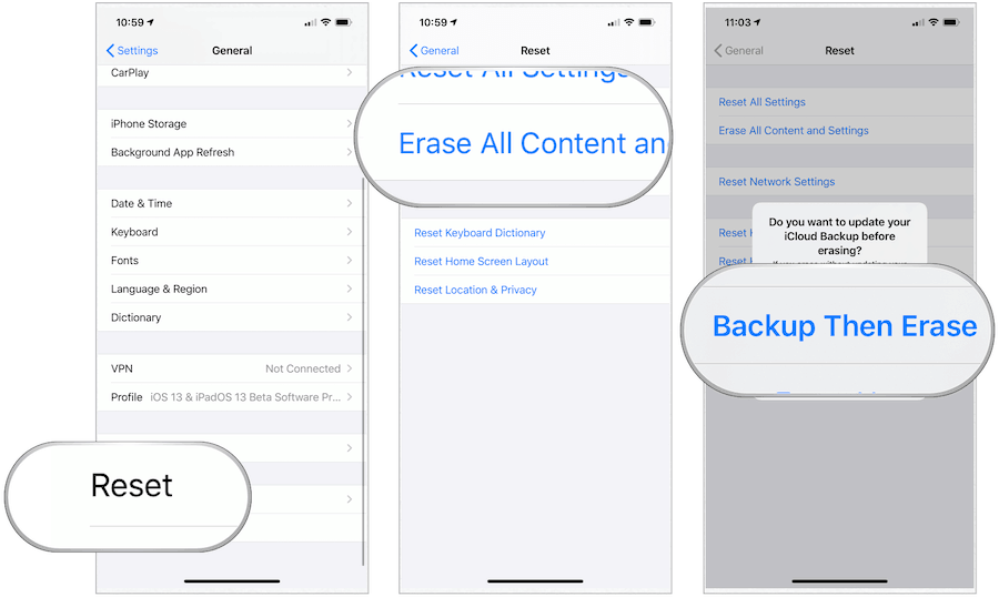 النسخ الاحتياطي iOS ثم محو