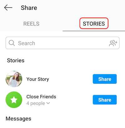 لقطة شاشة لشاشة نشر instagram تُظهر علامة تبويب القصص مما يسمح بمشاركة البكرات مع قصتك أو قائمة الأصدقاء المقربين