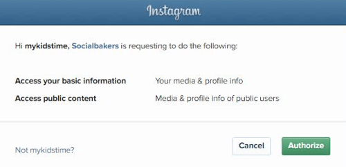 تخويل Socialbakers للوصول إلى معلومات حساب Instagram الخاص بك.