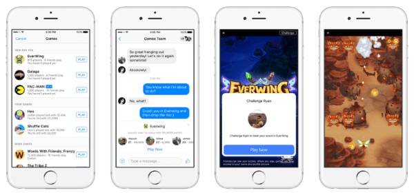 أطلق Facebook الألعاب الفورية ، وهي تجربة ألعاب HTML5 جديدة عبر الأنظمة الأساسية ، على Messenger و Facebook News Feed لكل من الجوال والويب.