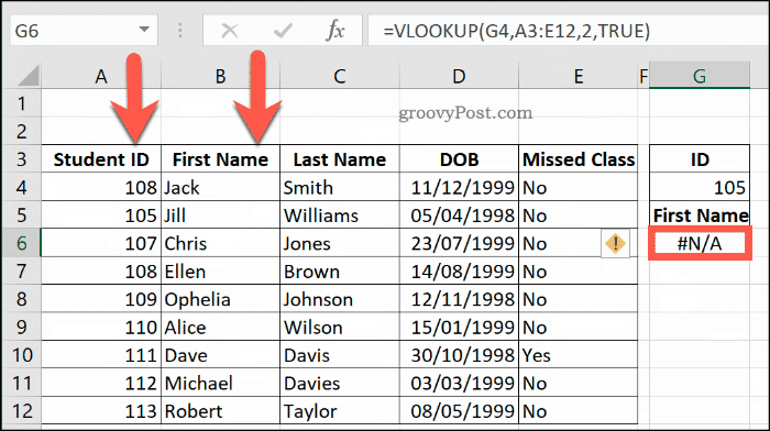 مثال آخر على خطأ NA مع VLOOKUP في Excel ، بسبب عدم فرز نطاق البيانات بشكل صحيح