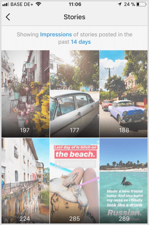 عرض بيانات Instagram Stories Impressions في Instagram Analytics.