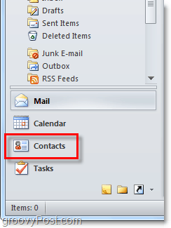 الوصول إلى قائمة جهات الاتصال في Outlook 2010