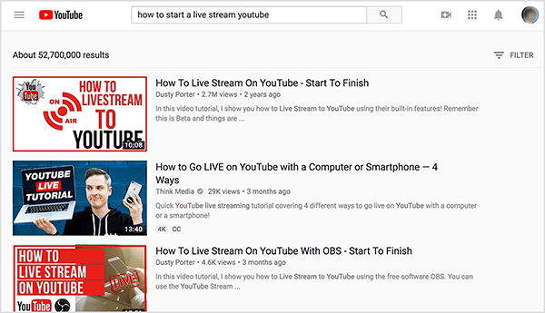 ابحث في YouTube عن "كيفية بدء بث مباشر على youtube" وستظهر أفضل نتائج البحث مقطعي فيديو بواسطة Dusty Porter.