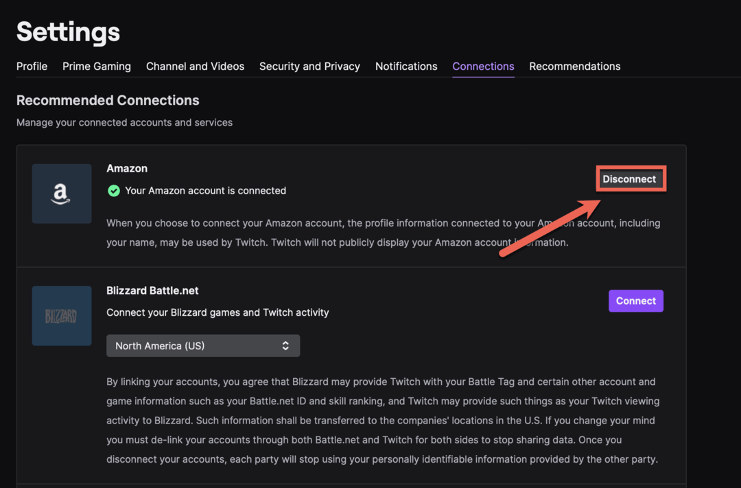 قم بتوصيل حساب Amazon Prime الخاص بك بـ Twitch في علامة التبويب Connections في إعدادات Twitch