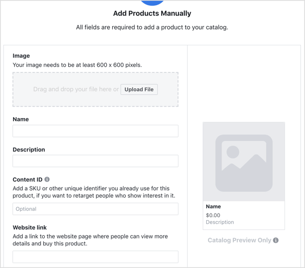 أدخل التفاصيل لإضافة منتج إلى كتالوج Facebook الخاص بك.