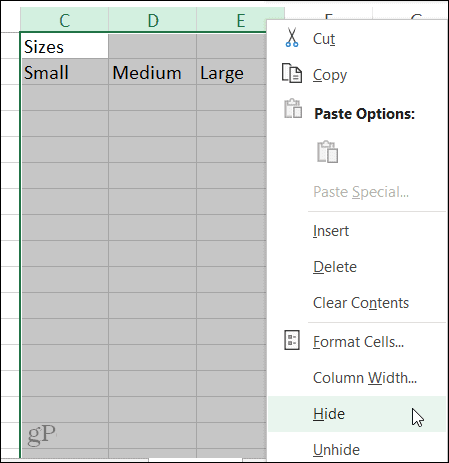 إخفاء اختصار العمود في Excel على Windows