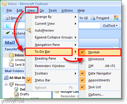 شريط المهام في Outlook 2007 - تخصيص العرض إلى عادي