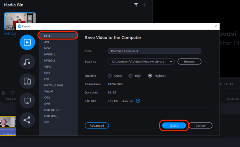 تصدير ملف الفيديو في Movavi Video Editor Plus