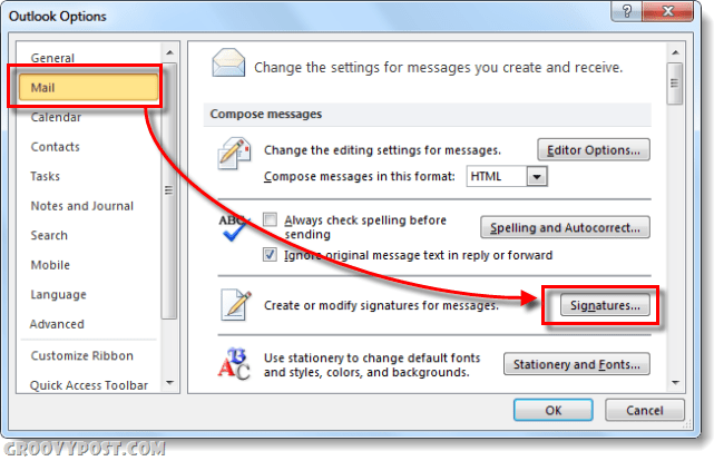 توقيعات البريد في خيارات Outlook 2010