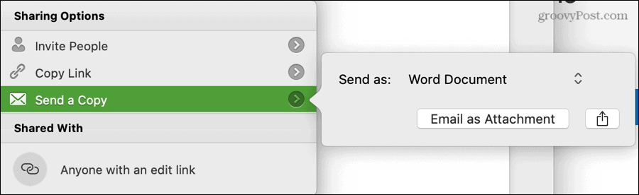 إرسال إعدادات نسخ Word على جهاز Mac