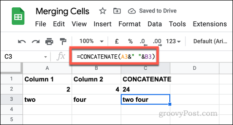 مثال على صيغة CONCATENATE في جداول بيانات Google باستخدام سلاسل نصية فارغة