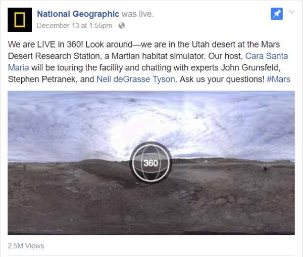 أطلق Facebook فيديو Live 360 ​​هذا الأسبوع بتقرير ناشيونال جيوغرافيك من محطة أبحاث Mars Desert في ولاية يوتا.