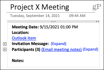 تفاصيل الاجتماع في OneNote على Mac