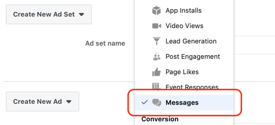 كيفية الحصول على عملاء محتملين من خلال إعلانات Facebook Messenger ، يتم تعيين الرسائل كوجهة على مستوى مجموعة الإعلانات