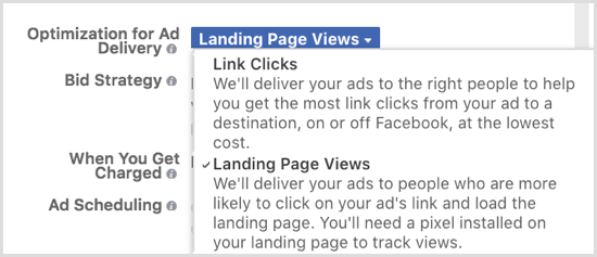 قم بتحسين عرض إعلانات Facebook الخاصة بك لمشاهدة الصفحة المقصودة.