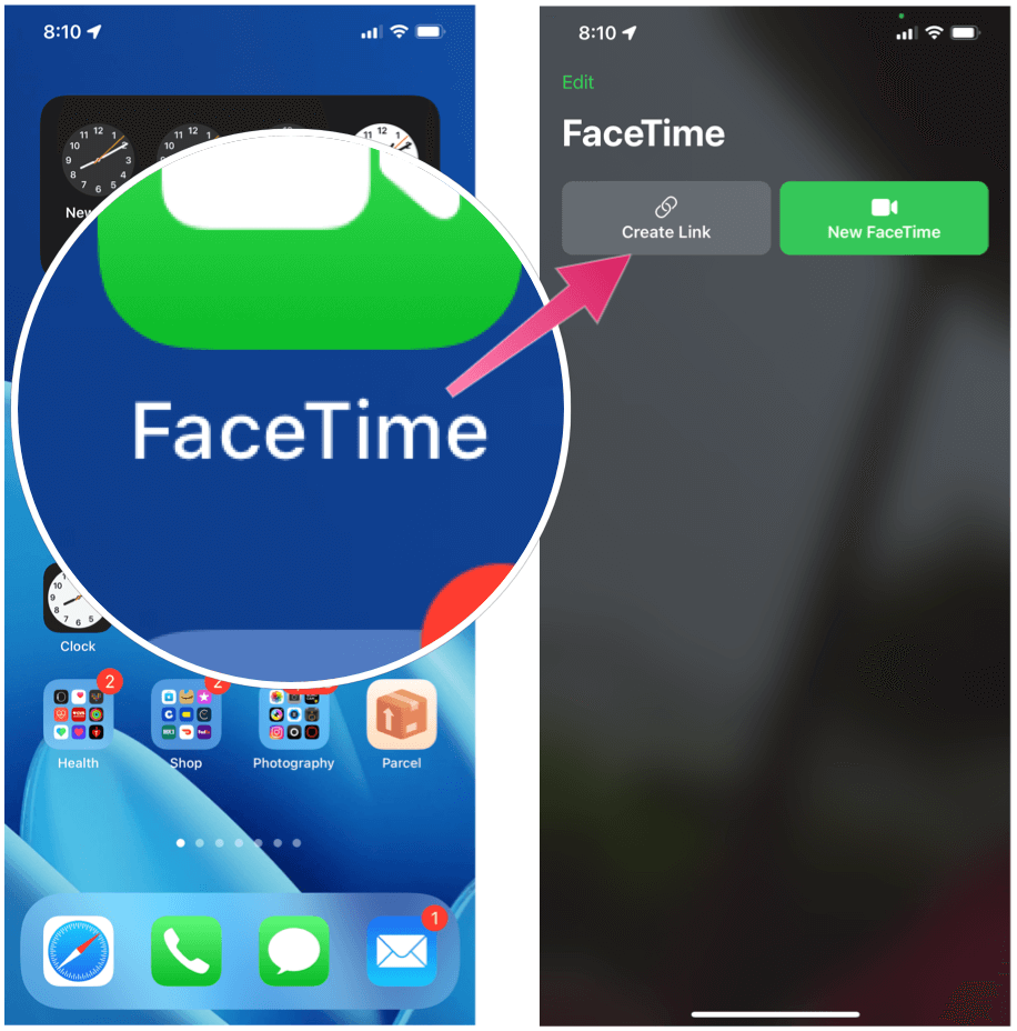 إرسال دردشة FaceTime دعوة FaceTime إنشاء رابط
