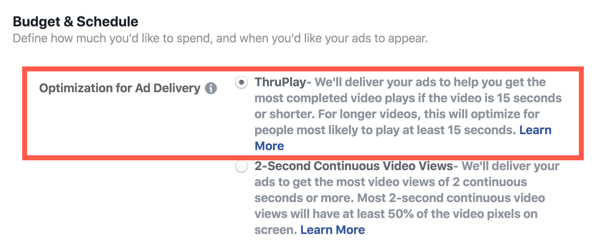 تحسين Facebook ThruPlay لإعلانات الفيديو ، الخطوة 2.