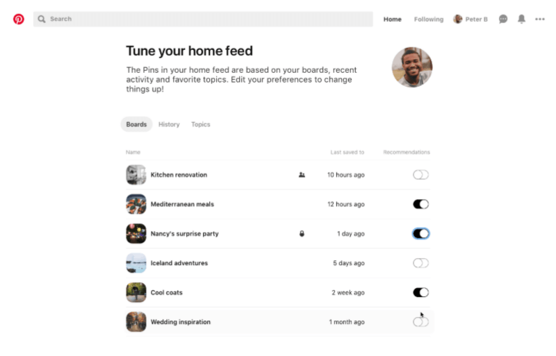 يعمل Pinterest على تسهيل التحكم في التوصيات التي تراها في خلاصتك المنزلية أكثر من أي وقت مضى باستخدام موالف تغذية منزلي جديد وعناصر تحكم على مستوى Pin-level.