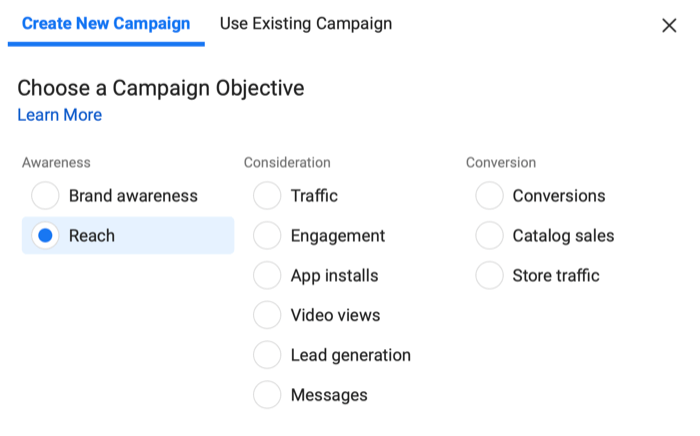 instagram إنشاء قائمة حملة جديدة مع هدف الوصول المحدد تحت الوعي