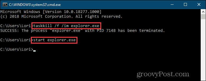 أوقف عملية explorer.exe وأعد تشغيلها في سطر الأوامر في Windows 10