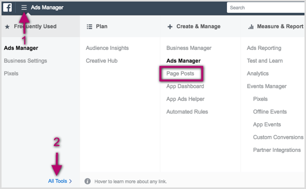 خيار مشاركات الصفحة في Facebook Ads Manager
