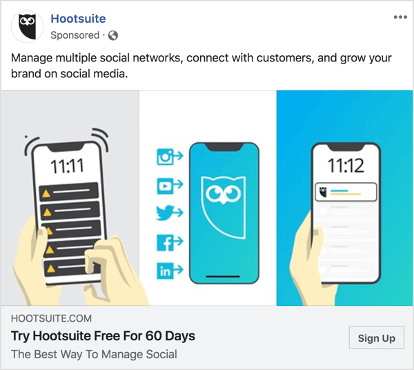 الرسائل في إعلان Hootsuite على Facebook واضحة وموجزة. 