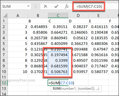 صيغة Excel SUM باستخدام نطاق خلايا