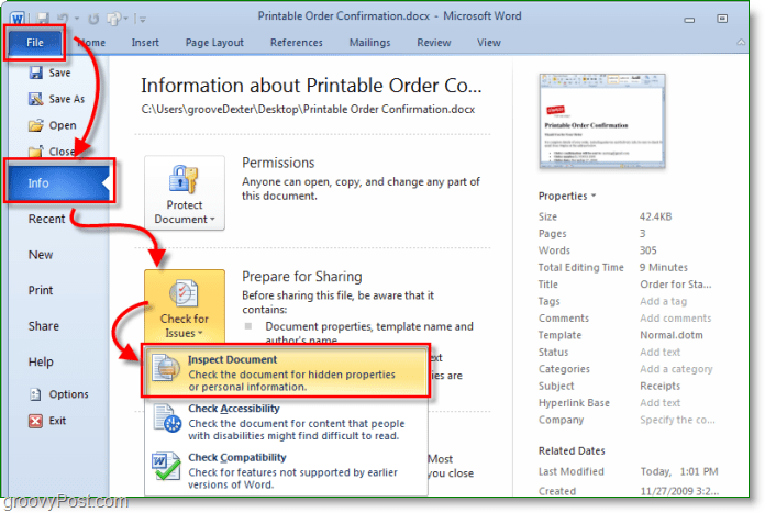 كيفية الوصول إلى مفتش المستندات في Microsoft Office 2010