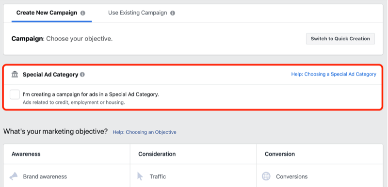 خانة الاختيار "فئة الإعلان الخاصة على Facebook" في Ads Manager