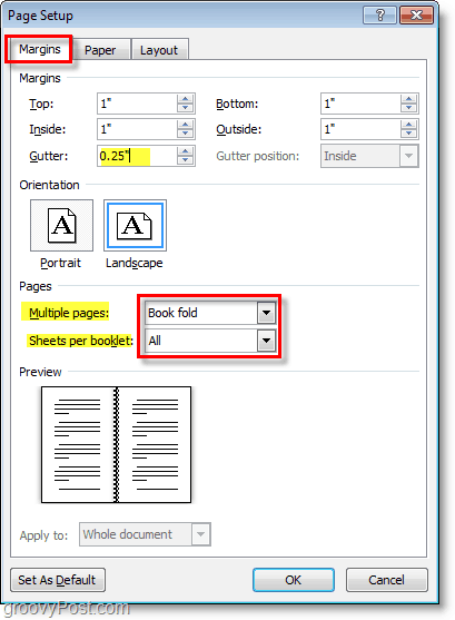 استخدم إعداد صفحة Word 2010 لتغيير إعدادات التخطيط للاستعداد لإعداد كتيب