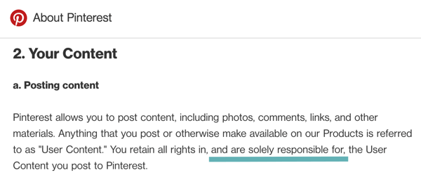 تنص شروط Pinterest بوضوح على أنك مسؤول عن محتوى المستخدم الذي تنشره.
